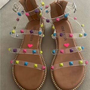 Steve Madden clear and colorful ankle zip up stud sandals